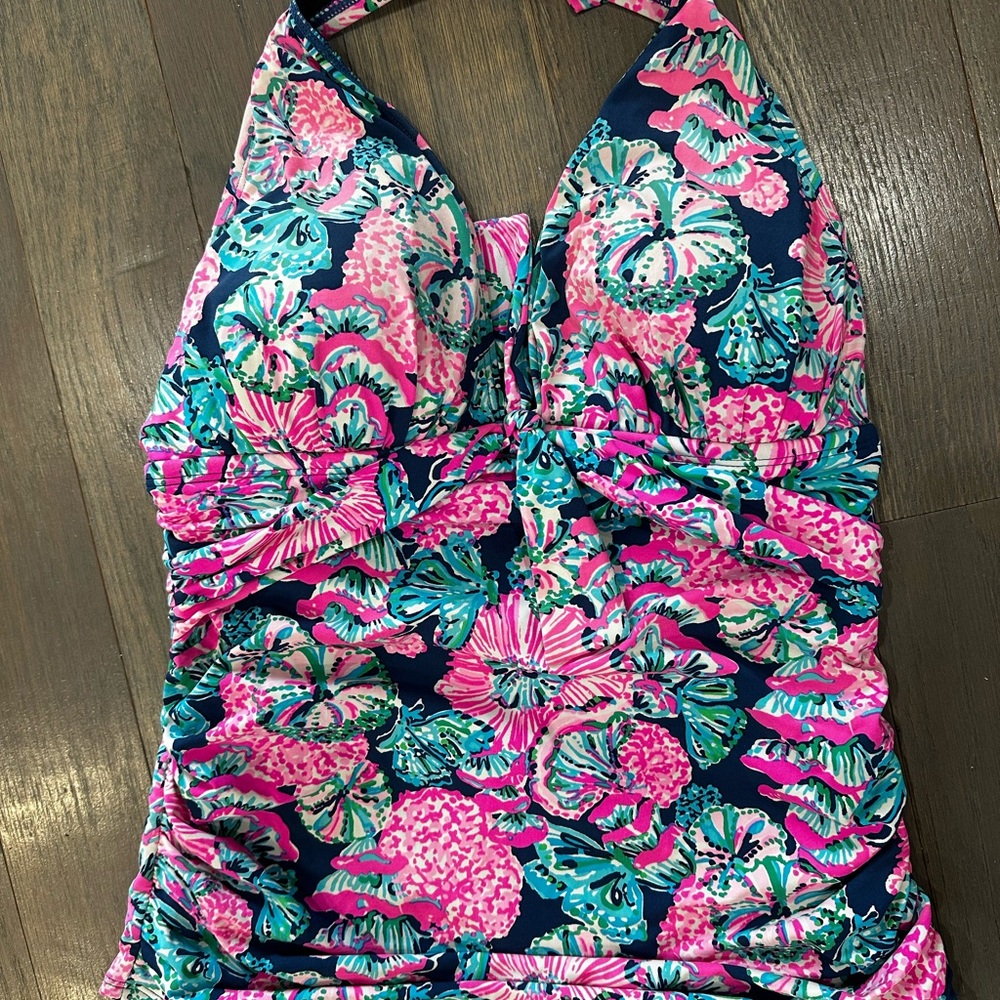 Lilly Pulitzer Navy Floral Halter Tankini Top with Pink & Teal Print